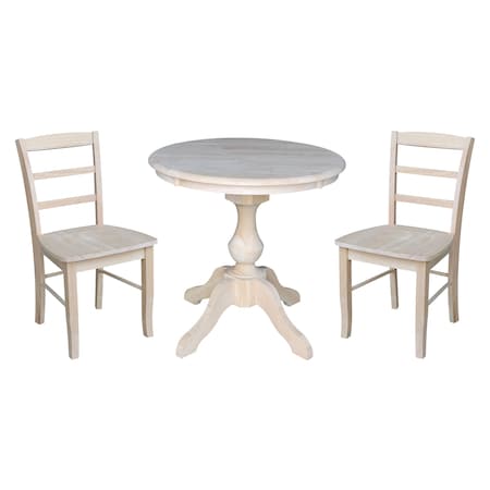 International Concepts Round 30 in Round Top Pedestal Table, with 2 Madrid Chairs, Unfinished, 30 in W, 30 in L, 28.9 in H K-30RT-11B-C2-2